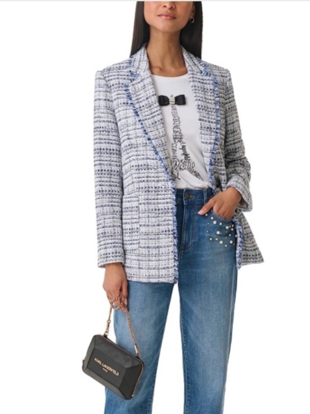 Karl Lagerfeld Paris Blue Tweed Fringe Blazer Jacket Size 4 - Picture 1 of 11